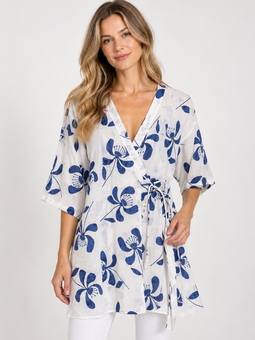 GUDRUN SJODEN Lagenlook Cotton Floral Wrap Kimono Tunic Top S/M